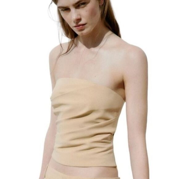 Zara Straight Neck Side Pleated Sleeveless Top Tan XL NWT - Picture 5 of 9